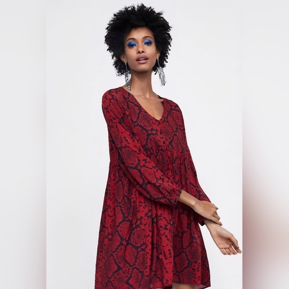 Zara | Red V-Neck Bishop Sleeve Sundress, Size L - Picture 1 of 10